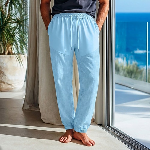 Herren-Sommerhose in Leinenoptik mit Kordelzug, elastischem Bund, geradem Bein, Farbblock-Design, einfarbig, bequem, atmungsaktiv, in voller Länge, lässig, für Alltag, Outdoor, Urlaub, modisch, blau, Image
