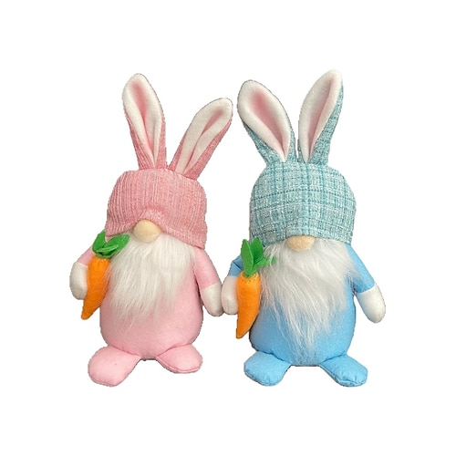 Osterkorb Füller 2er-Pack Bunny-Gnome Plüsch Osterdekorationen für das Zuhause Frühlings-Tomte mit Hasenohren und Karotte mehrstöckige Tablettdekoration glückliche Feiertagsornamente Ostergeschenk Image