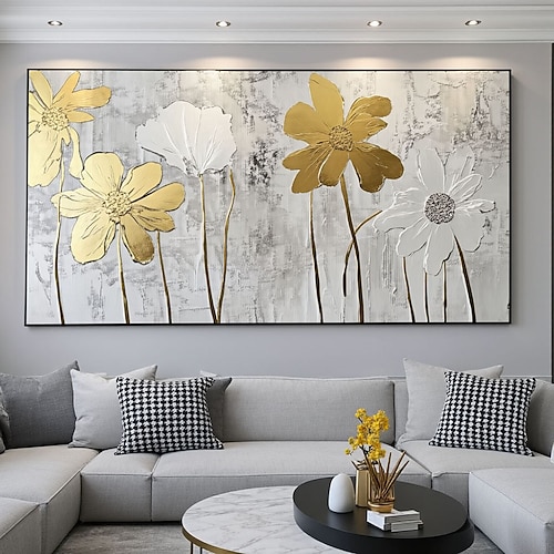 Handgemaltes Ölgemälde mit gold-weißen Blumen auf Leinwand – Wanddekoration, originales Gemälde mit Blattgold für die Blumenkunst, ideal für die Heimdekoration. Image