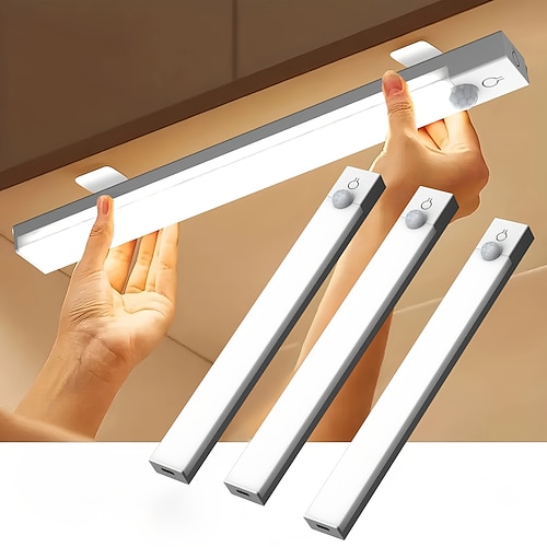 3er-Packung LED-Nachtlichter mit Bewegungssensor, magnetisch, wiederaufladbar, kabellos, 3-farbig dimmbar, für Kleiderschrank, Schrank, Weinregal, Schlafzimmer, Badezimmer, USB-Ladefunktion, Image