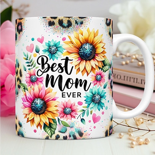 11oz Keramik-Kaffeebecher/Teetasse, mit dem Aufdruck „Beste Mama aller Zeiten"/„Mama" und einem lebendigen Blumendesign, spülmaschinenfest und wiederverwendbar – ideal als Geschenk zum Muttertag, Image
