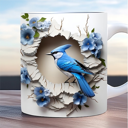 Niedlicher 3D-Kaffeebecher (325 ml) mit Katze, Kaninchen und Vogelmotiv, isolierter Keramikbecher, wiederverwendbar, nur Handwäsche, bezauberndes Tierdesign mit Blumen, perfektes Geschenk für Image