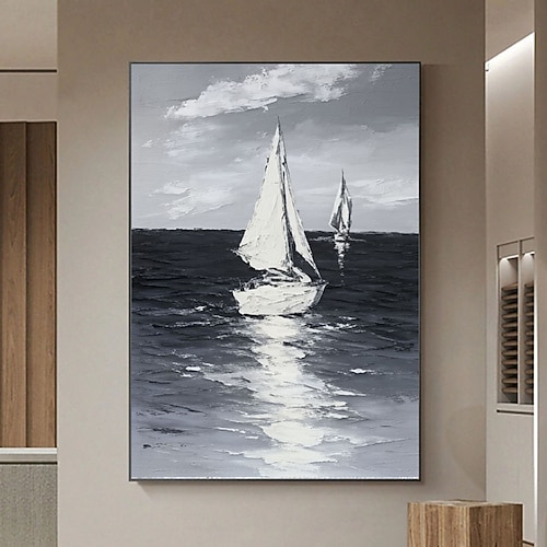 Handgemaltes Ölgemälde auf Leinwand, schwarz-weiß, mit Segelbootmotiv, Meereslandschaft und 3D-Textur. Image