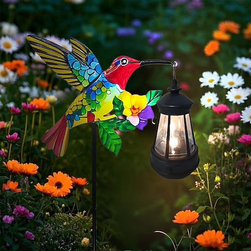 Lanterna solare da esterno a forma di colibrì, lampada da giardino con palo in metallo impermeabile, decorazione da giardino da 72 cm per patio, prato, fattoria e giardino