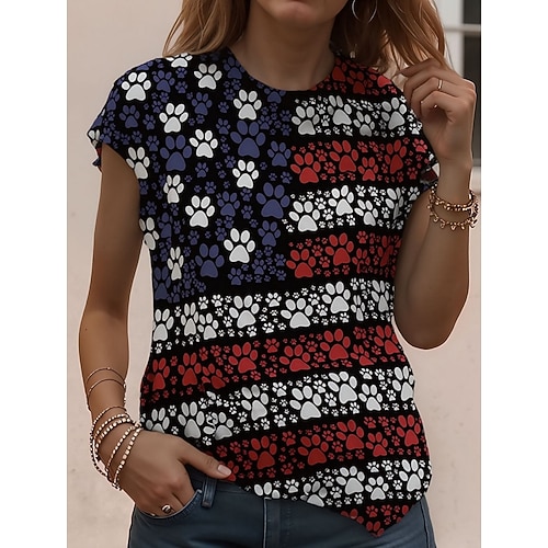 Damen T Shirt Druck Grafik Tiermotiv Vintage Stilvoll Klassisch Kurzarm Rundhalsausschnitt Rundhals Normale Oberteile Täglich Wochenende Schwarz und Rot Weiß / blau Pudriges Rosa Sommer Frühling Image