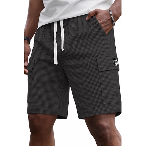 Herren Waffel-Shorts Shorts Freizeitshorts Tasche Strukturiert Einfach Komfort Atmungsaktiv Über dem Knie Lässig Outdoor Strand Urlaub Mode Schwarz Hellgrün Dehnbar Image