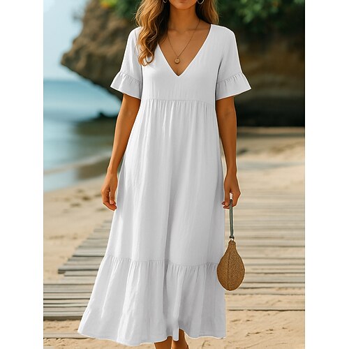 Damen Midikleid Freizeitkleid Baumwoll-Kleid A Linie Kleid Mode Modern Täglich Strand Urlaub Lässiger Schnitt Einfach Kurzarm V Ausschnitt Blau Weiß Orange Grün Sommer Frühling Image