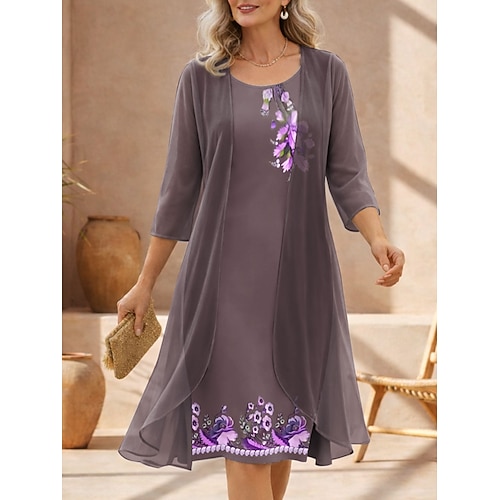Damen Kleid-Set Shiftkleid Sommerkleid Elegant Blumen Grafik Geschichtet Druck Midikleid Dreiviertelarm Rundhalsausschnitt Täglich Urlaub Blau Purpur Grün Sommer Frühling Normale Passform Image