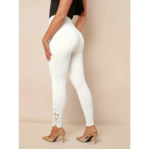 Damen Hose Leggings Mode Streetwear Basic Volle Länge Hohe Taille Einfach Spitze Elastischer Bund Komfort Dehnbar Täglich Urlaub Sport Schwarz Weiß Grün Frühling Herbst Normale Passform Image