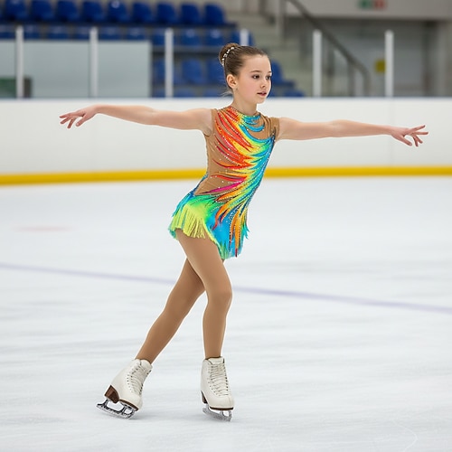 Eiskunstlaufkleid Mädchen Eislaufen Kleid Blau gelb Patchwork Asymmetrischer Saum Dehnbar Training Wettbewerb Eiskunstlaufkleidung Klassisch Kristall / Strass Ärmellos Eislaufen Eiskundstlauf Image