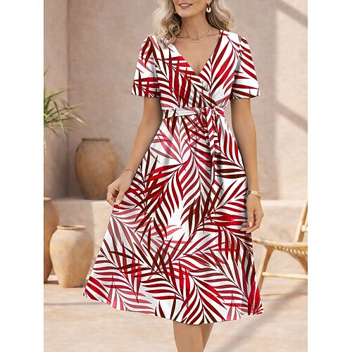 Damen Midikleid A Linie Kleid Bandage Kleid Rüschenkleid Urlaub Lässig Ferien Date Normale Passform Grafik Tropisch Kurzarm V Ausschnitt Blau Rote Purpur Grün Sommer Frühling