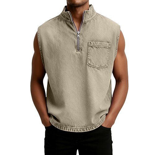 Herren Tank Top Jeanshemd Acid-Wash-Shirt Ärmellos Stehkragen Henley Sommer Frühling Einfach Vintage Streetwear Lässig Gewaschen Betrübt Lässig Heim Straße Schwarz Hellgrün Rosa Top T-Shirt für Herren Image