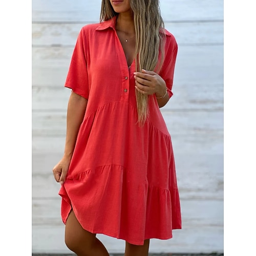 Damen Midikleid A Linie Kleid Sommerkleid Lässig Täglich Lässiger Schnitt Einfach Kurzarm Revers Blau Schwarz Weiß Rote Sommer Frühling Image