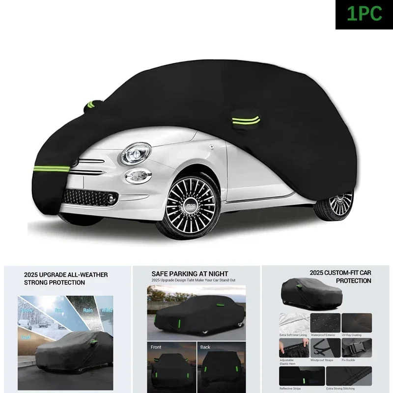 Copertura per auto impermeabile 210T Protezione esterna personalizzata Cappuccio tempesta (nero) per Fiat 2007-2023 2008 500/500C/500E Abarth/New Fiat 500