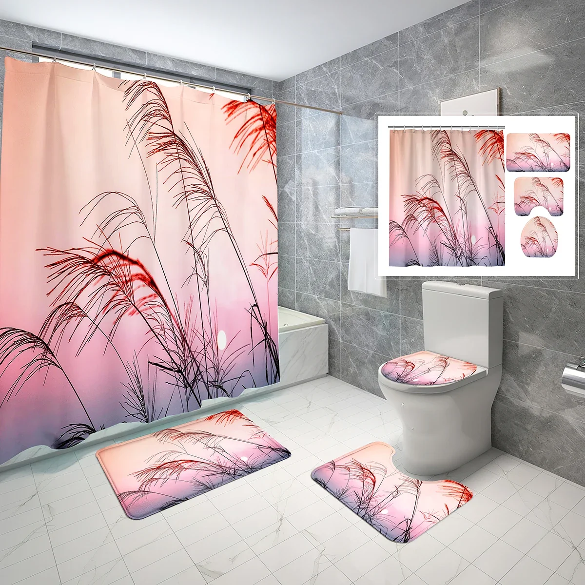 Set di tende da doccia con canna da 4 pezzi con tappeti antiscivolo Tappetino per WC Piante acquatiche naturali Fiori Set di tende da doccia impermeabili
