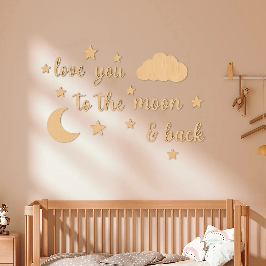 Adesivi murali in legno da 18 pezzi con frase "Love You to the Moon", set di decorazioni per stelle e nuvole per bambini, decorazione da parete con lettere a forma di stella e luna in stile nordico,