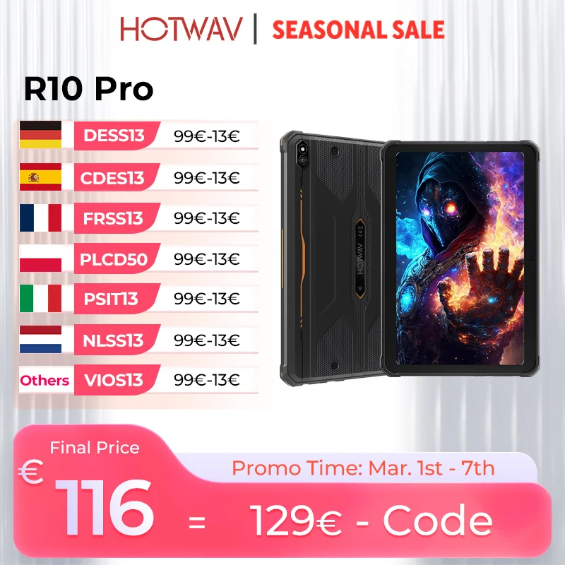 HOTWAV R10 Pro Robustes Tablet Android 14 10,1'' HD+ 13MP Kamerapad 10800mAh Akku 8GB 256GB 8-Core OTG Lade Tablet PC Image