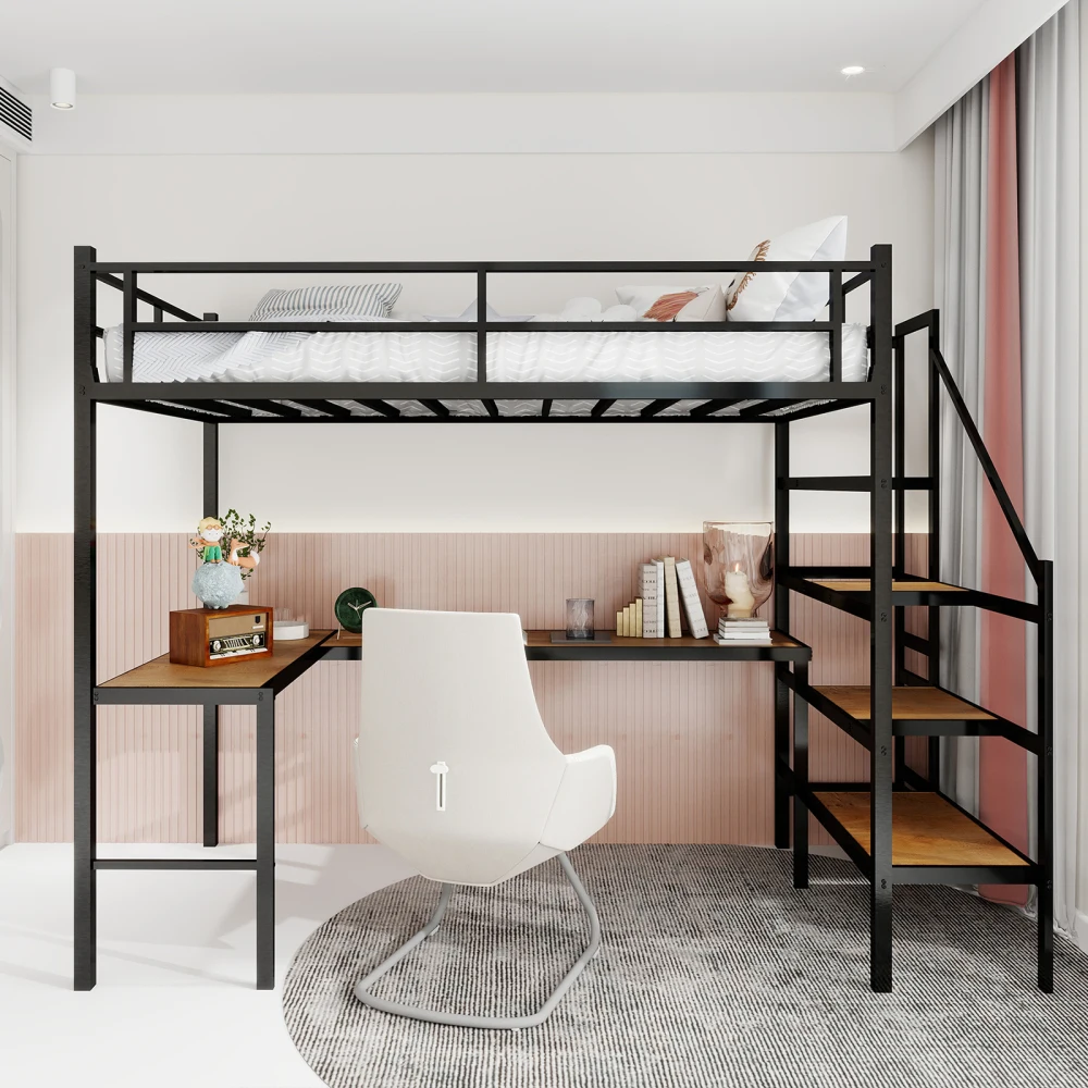 Modernes Schlafzimmer-Hochbett mit L-förmigem Schreibtisch, großen Stauraum und Stauraumfächern, stabiler Bettrahmen mit Treppe, platzsparend Image