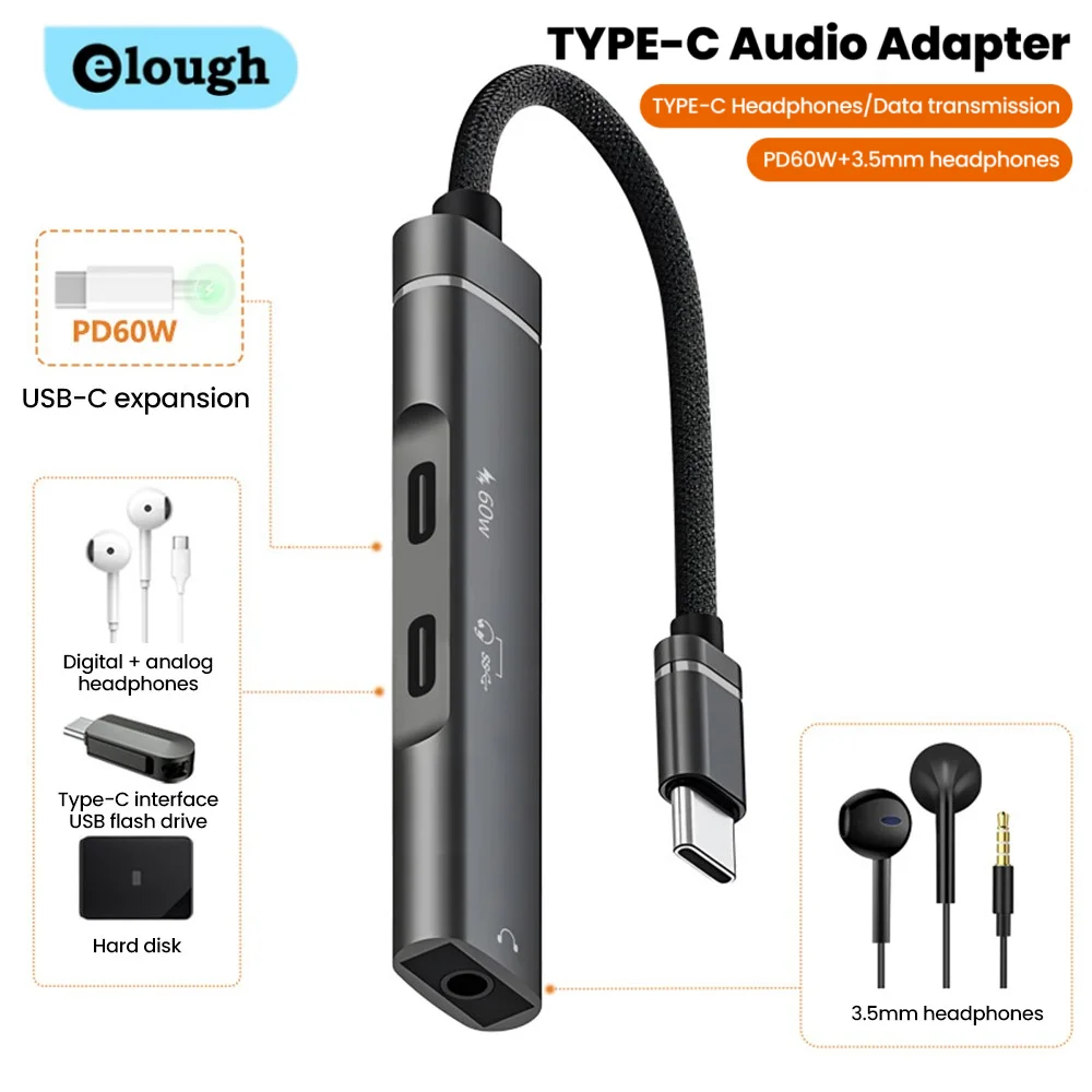 Elough DAC Audio 3.5 Adapter Typ-C 3-in-1 HUB-Splitter zur Konvertierung von Mobiltelefonen, Tablets zur digitalen analogen Audio-Konvertierung Image