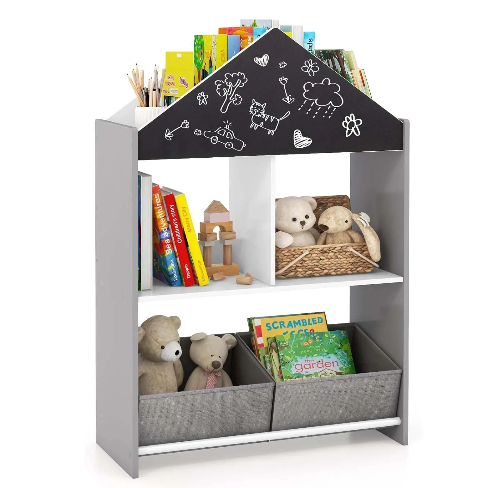 Kinderbücher regal mit Tafel & 2 Kisten & 6 Fächer, Kinderzimmer regal, Ablage fach, Spielzeug regal 63x27x90 cm