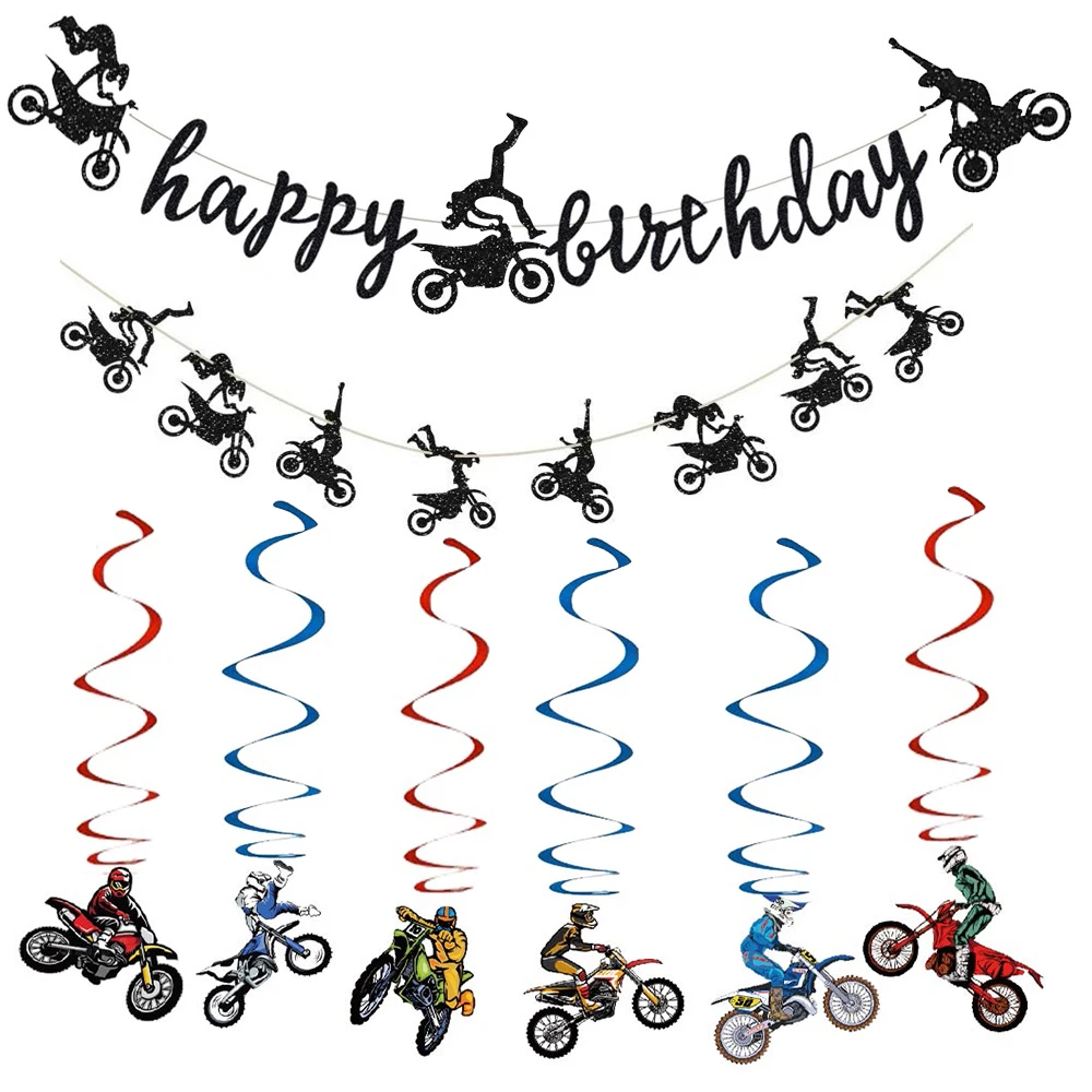 Motorrad-Thema, alles Gute zum Geburtstag, Banner zum Aufhängen, Wirbel, Dirt Bike, Partyzubehör, Motocross-Geburtstagsdekorationen Image