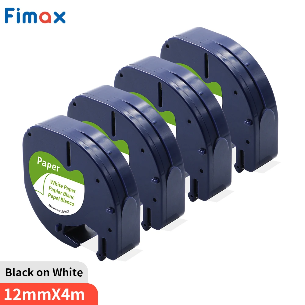 4/10 Stück 91200 kompatibel für DYMO LetraTag Etikettenband 91220 91330 59421, Schwarz auf Weiß, 12 mm x 4 m Papier für DYMO Etikettendrucker Image