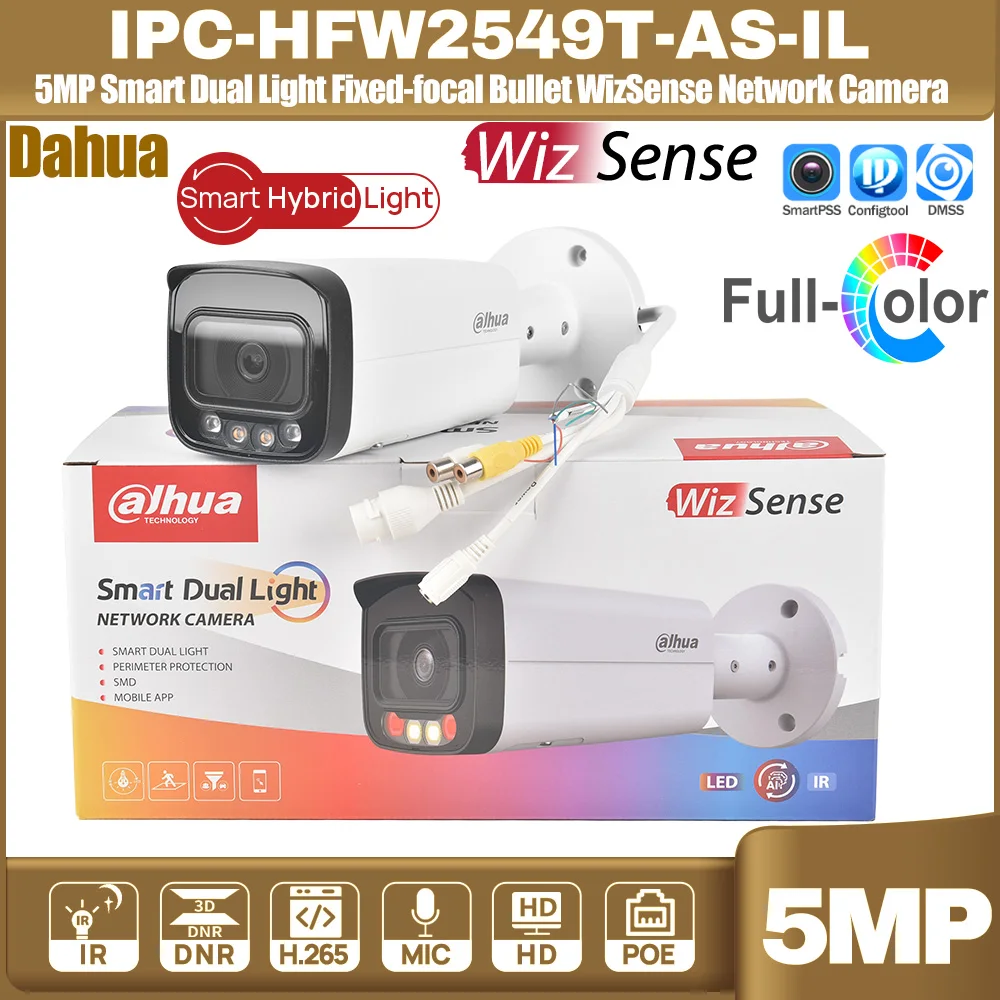 Original Dahua IPC-HFW2549T-AS-IL 5MP POE Smart Dual Light Bullet WizSense Netzwerkkamera mit fester Brennweite Alarm Audio I/O Intrusion Image