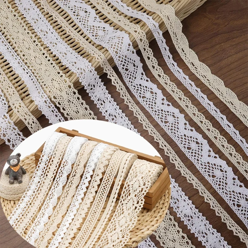 2/5 m Baumwoll-Spitzenbesatz, Vintage-Spitzenband, gehäkelte Baumwollspitze, gewellter Rand, Weiß und Beige, zum Nähen, Basteln, Hochzeitsdekoration