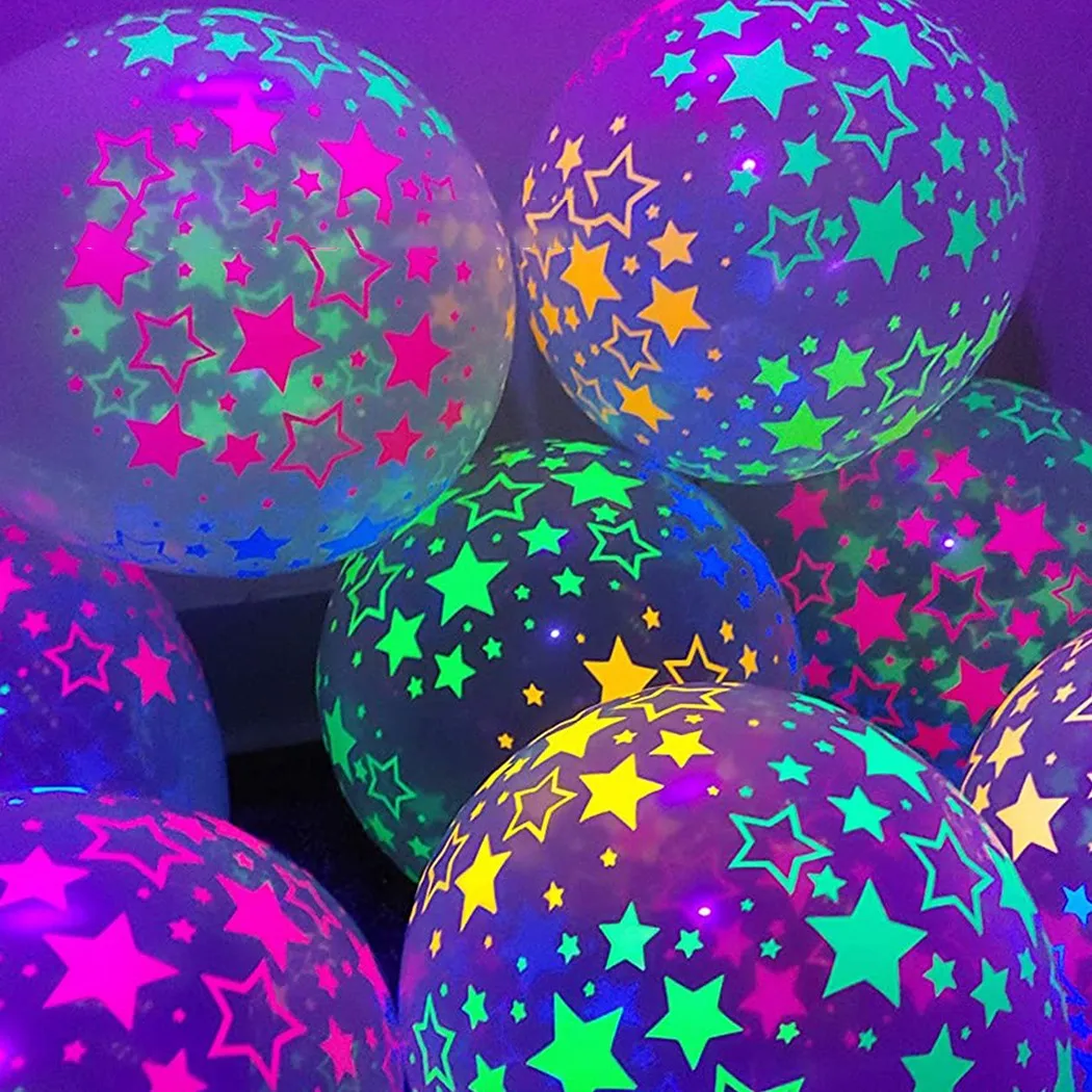 10 klare Latexballons, Neon, UV, Schwarzlicht, reaktive Sternballons, Sterne, Punkte, Geburtstagsparty-Dekorationen Image