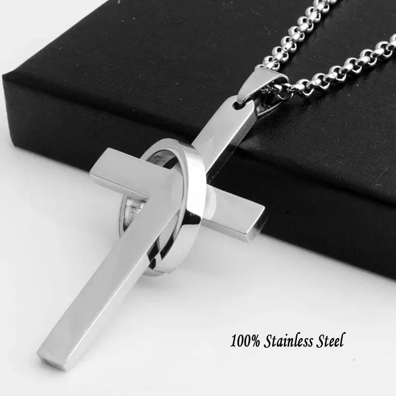 Einfache Kreuz Mit Kreis Anhänger Halsketten Edelstahl Kette Christus Cruz Halskette Für Männer Jungen Coole Hals Schmuck Collier Image