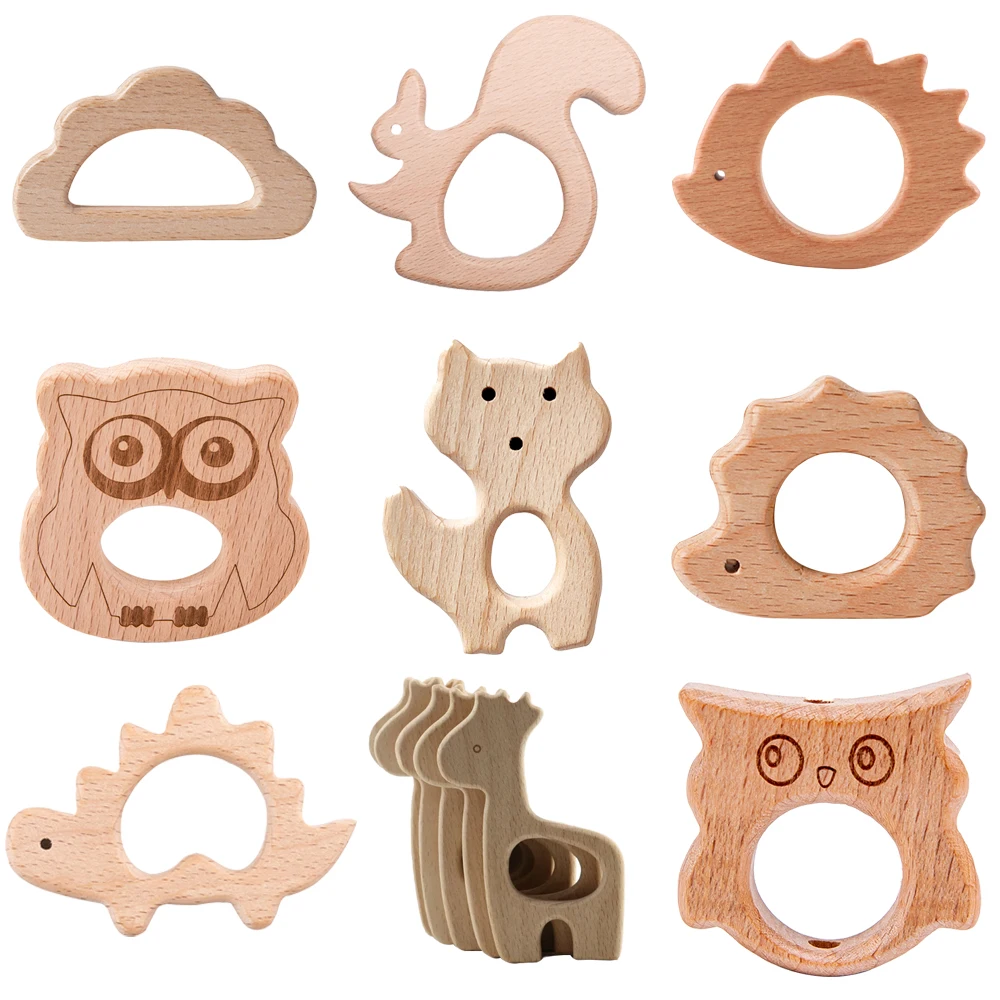 2 Stück Baby Holzspielzeug 0 12 Monate Baby Zahnpflege Holz Beißring Tier Igel Fuchs Hand BPA FREI Rasseln Holz Rassel Spielzeug Image