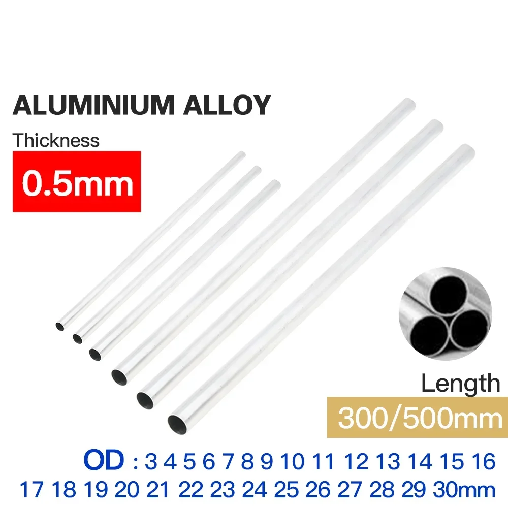 Aluminiumrohr, 0,5 mm Dicke, 2–30 mm Außendurchmesser, gerade, 300 mm, 500 mm lang, rundes Rohr aus 6063-Aluminiumlegierung Image