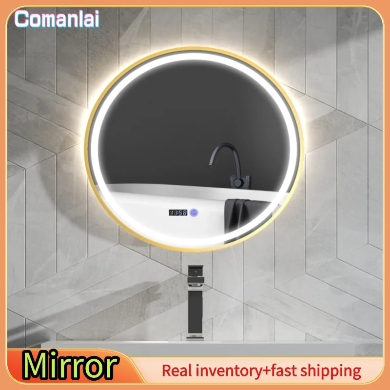 Comanlai Runder Badezimmerspiegel mit LED-Leuchten, Badezimmerspiegel mit Antibeschlagfunktion, Touch-Steuerung, Display