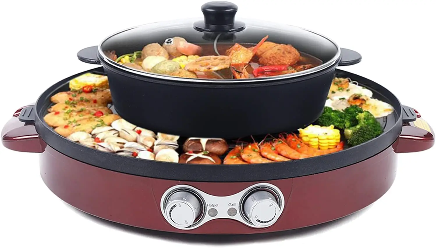Hot Pot Elektrogrill, chinesisches Fondue und koreanischer elektrischer Tischgrill, 220 V, 2200 W, 2-in-1-Heizung, hohe Effizienz (rot) Image