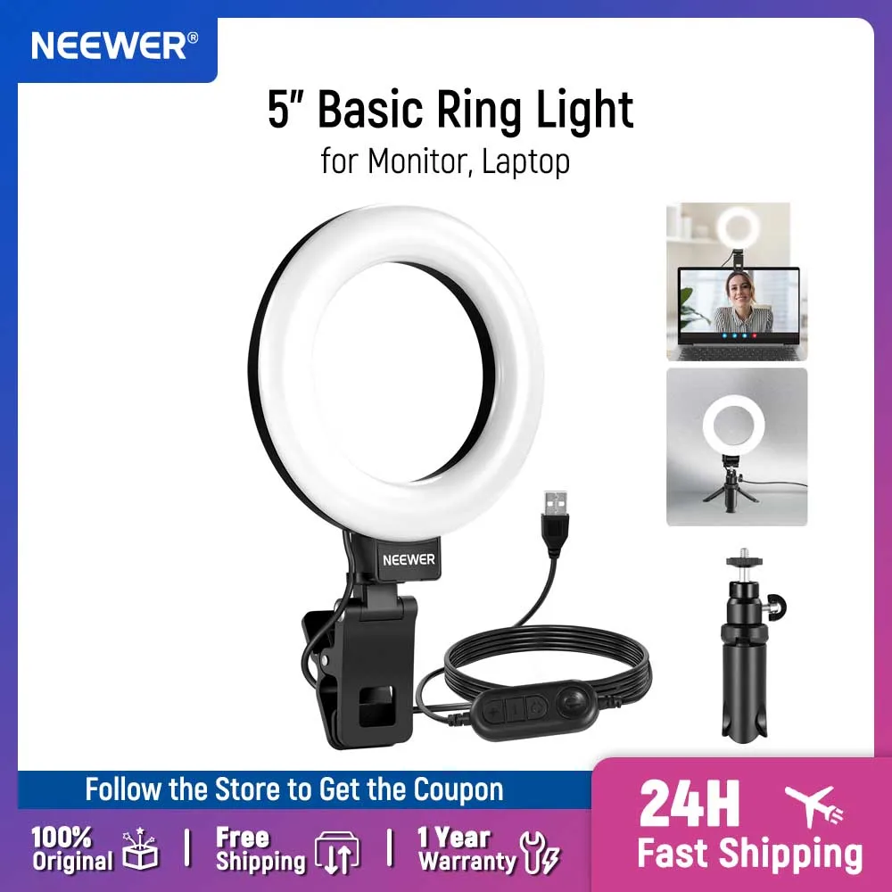 NEEWER BASICS 5" zweifarbiger Mini-Ring für Videokonferenzbeleuchtung, Clip-on-Lichtset mit Schreibtischstativ für Laptop-Computermonitor Image
