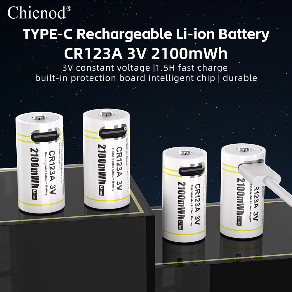 CHICNOD CR123A Akku 2100 mWh 3 V Li-Ionen-Akkus mit Typ-C-Ladekabel CR123 CR17345 123 A für Digitalkamera Image
