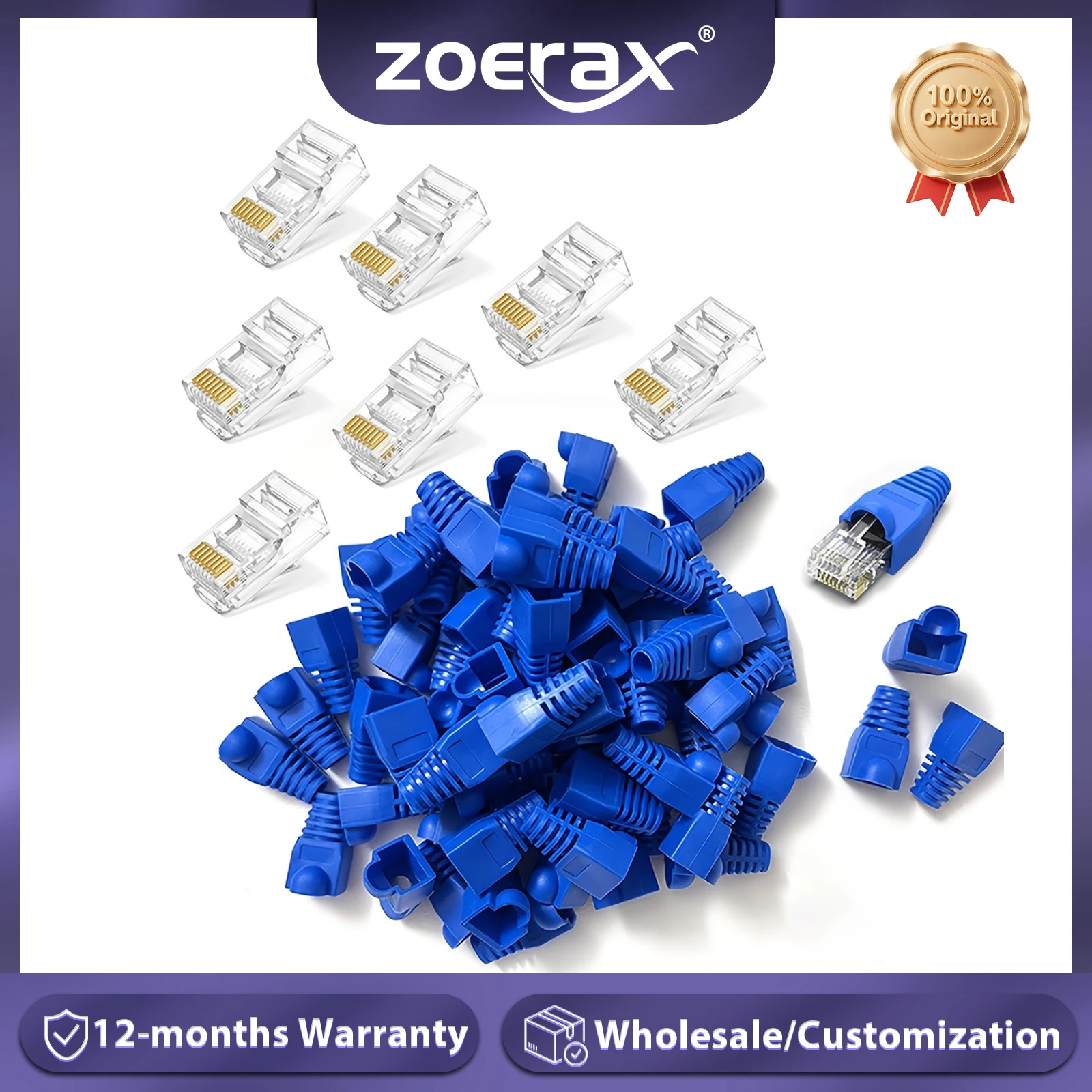 ZoeRax 50PCS RJ45 Cat6 CAT5E Ungeschirmter Pass-Through-Stecker und Zugentlastungs-Stiefel-Kit Vergoldeter 8P8C RJ45-Modularstecker Image