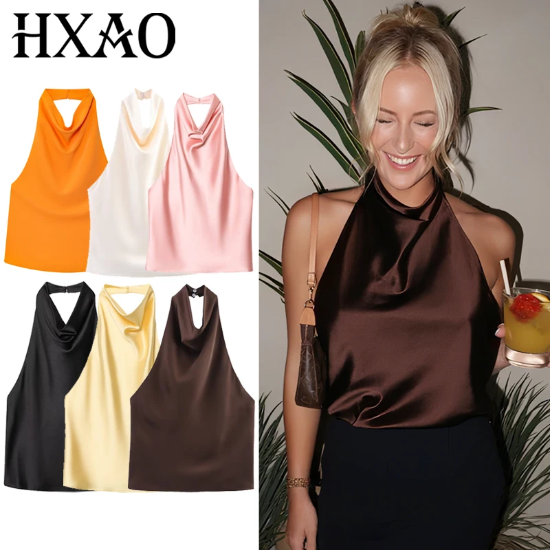 HXAO Top Frauen Halter Satin Frauen Tops Backless Korsett Top Weste Gelb Rosa Schwarz Sommer Elegante Sexy Tops Tank Vestidos