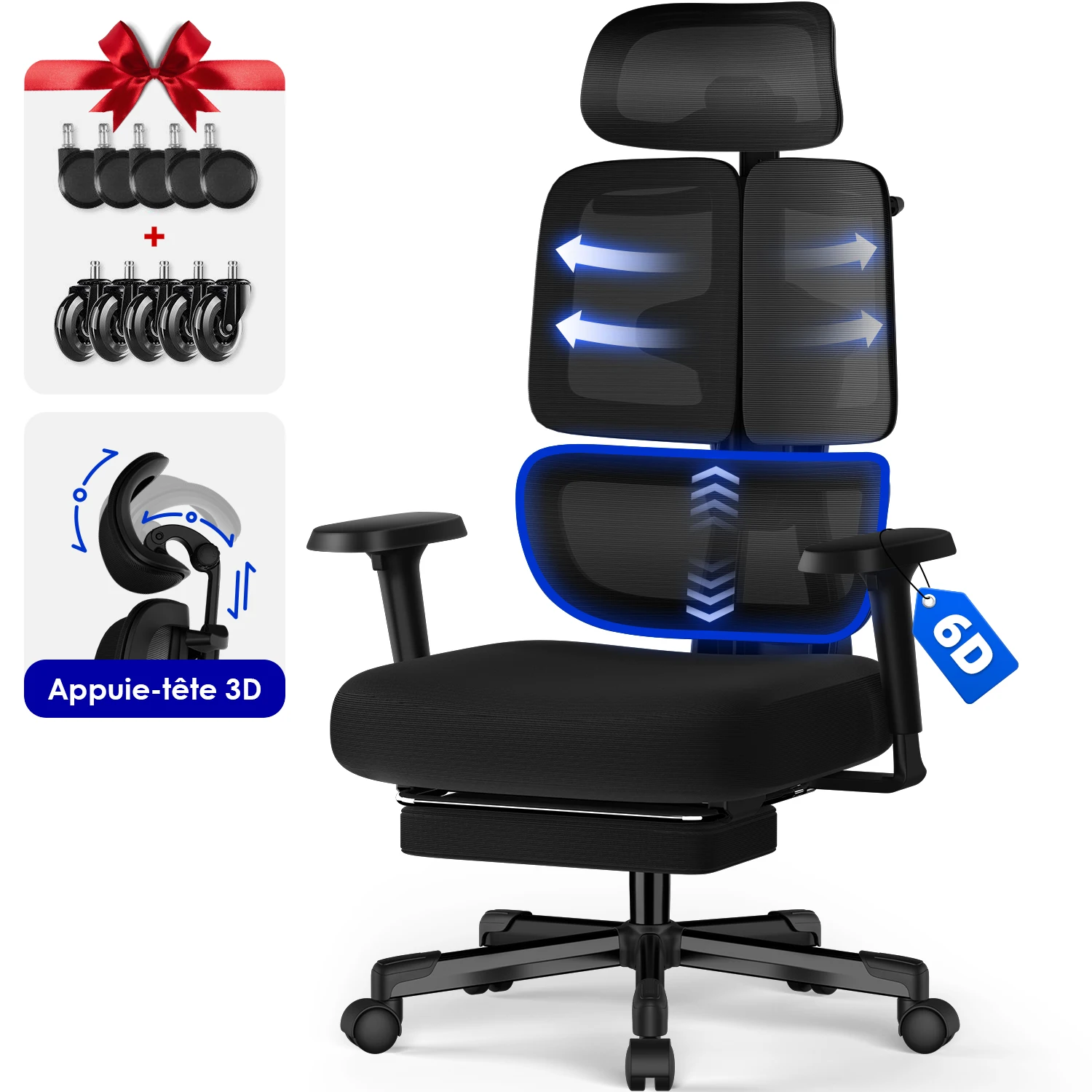 AUTHMIC Premium Ergonomischer Bürostuhl mit 6D-verstellbaren Armlehnen, 3D-Kopfstütze, 3-Zonen-Rückenlehne, 200 kg Tragkraft, Liegestuhl 90 ° -160 ° Image