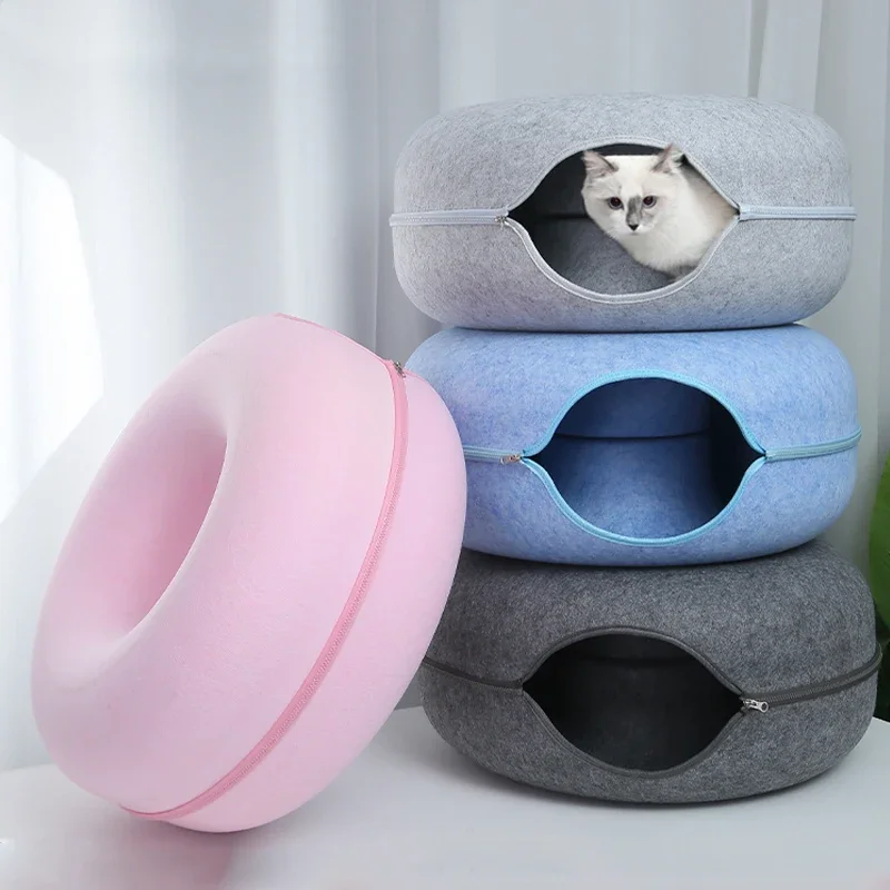 Donut-Katzenbett, Haustier, Katze, interaktives Spielspielzeug, Katzenbett, Dual-Use-Tunnelbett mit Filzspielzeug, Geschenk für kleine Kätzchen, Kaninchen Image
