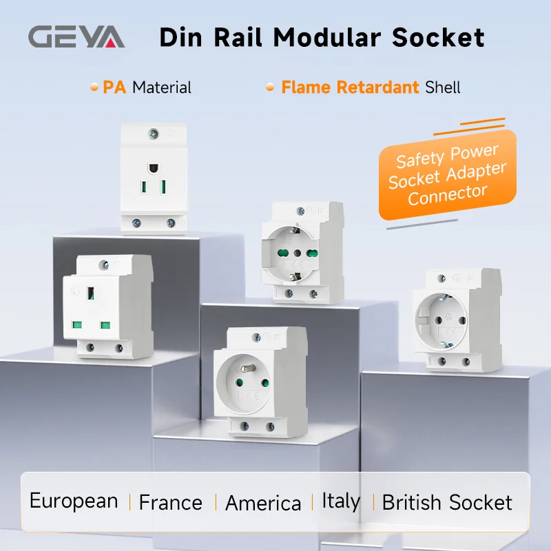 GEYA 16A 220V AC DIN-Schienen-modulare Steckdose – 35 mm, EU/FR/US/BK/IT, industrieller und privater Gebrauch, Netzteil-Adapter-Anschluss Image