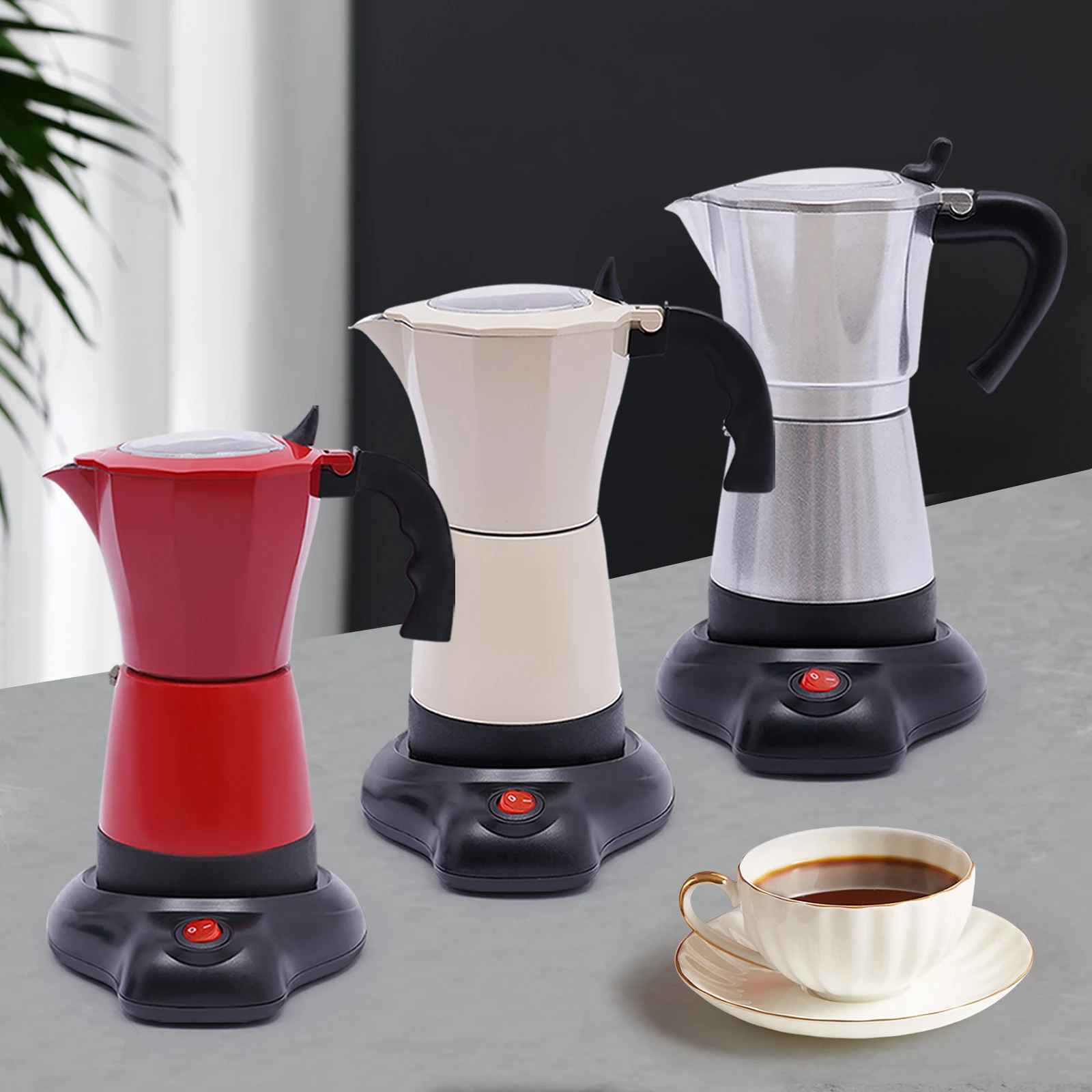 Elektrischer Espressokocher mit Basis-Espressokocher für 6 Espressotassen: 300 ml, 480 Watt, Aluminiumlegierung, Silber/Rot/Cremeweiß Image