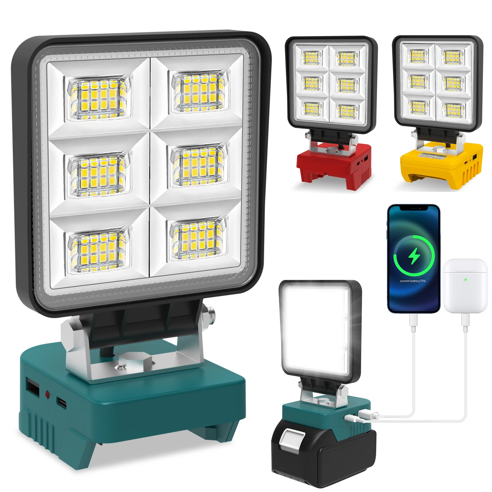 48W Tragbare LED-Arbeitsleuchte Kompatibel mit DeWalt/Milwaukee/Makita Arbeitsleuchte Verstellbare Basis Wiederaufladbare LED-Flutlichtlampe