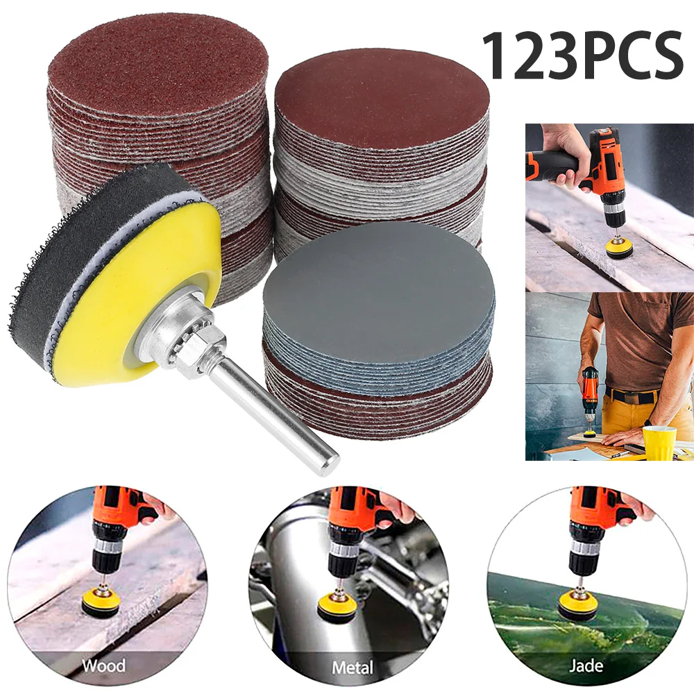 120Pcs 50mm Schleifpapier Sortiment 60-3000 Grit Schleif Disc Pad Set 2 Zoll Für Bohrer Schleifer Dreh Werkzeuge mit Disk Pole Kissen Image