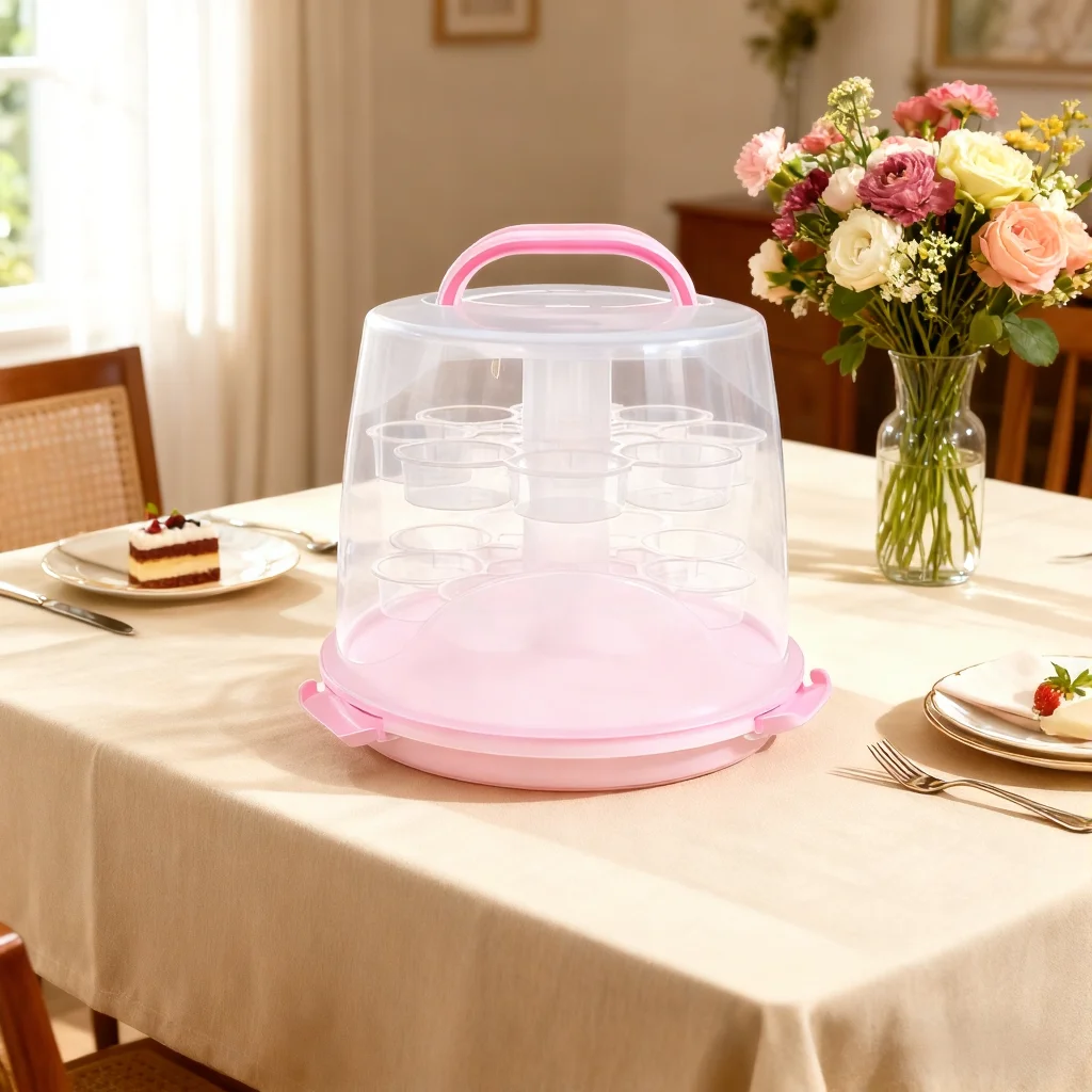 3-stufiger rosafarbener Cupcake-Träger – transparentes 24-Loch-Design, versiegelter Deckel mit zwei Griffen, zur Aufbewahrung von Desserts zum Geburtstag/Party/Sammeln Image