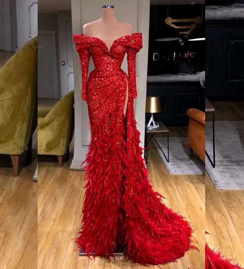 Elegante Abendkleider Afrikanische Mädchen Rot Off-the-schulter Kristalle Feder Lange Meerjungfrau Prom Kleider Frauen Luxus Angepasst