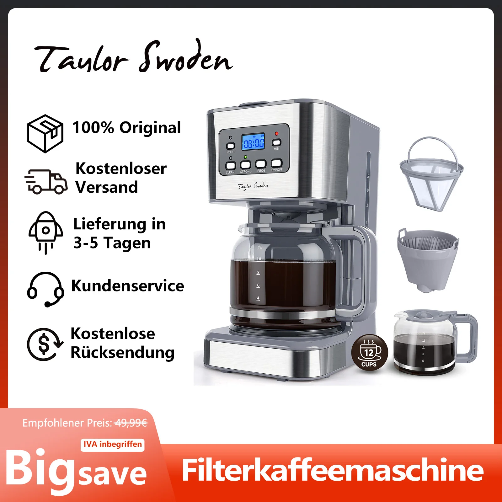 TAYLOR SWODEN 950W Kaffeemaschine mit Timer,1.5L Filterkaffeemaschine 12 Tassen, Abschaltautomatik, Tropf-Stopp, Wiederverwendbarem Filter und Heizplatte, BPA-frei, Grau Image