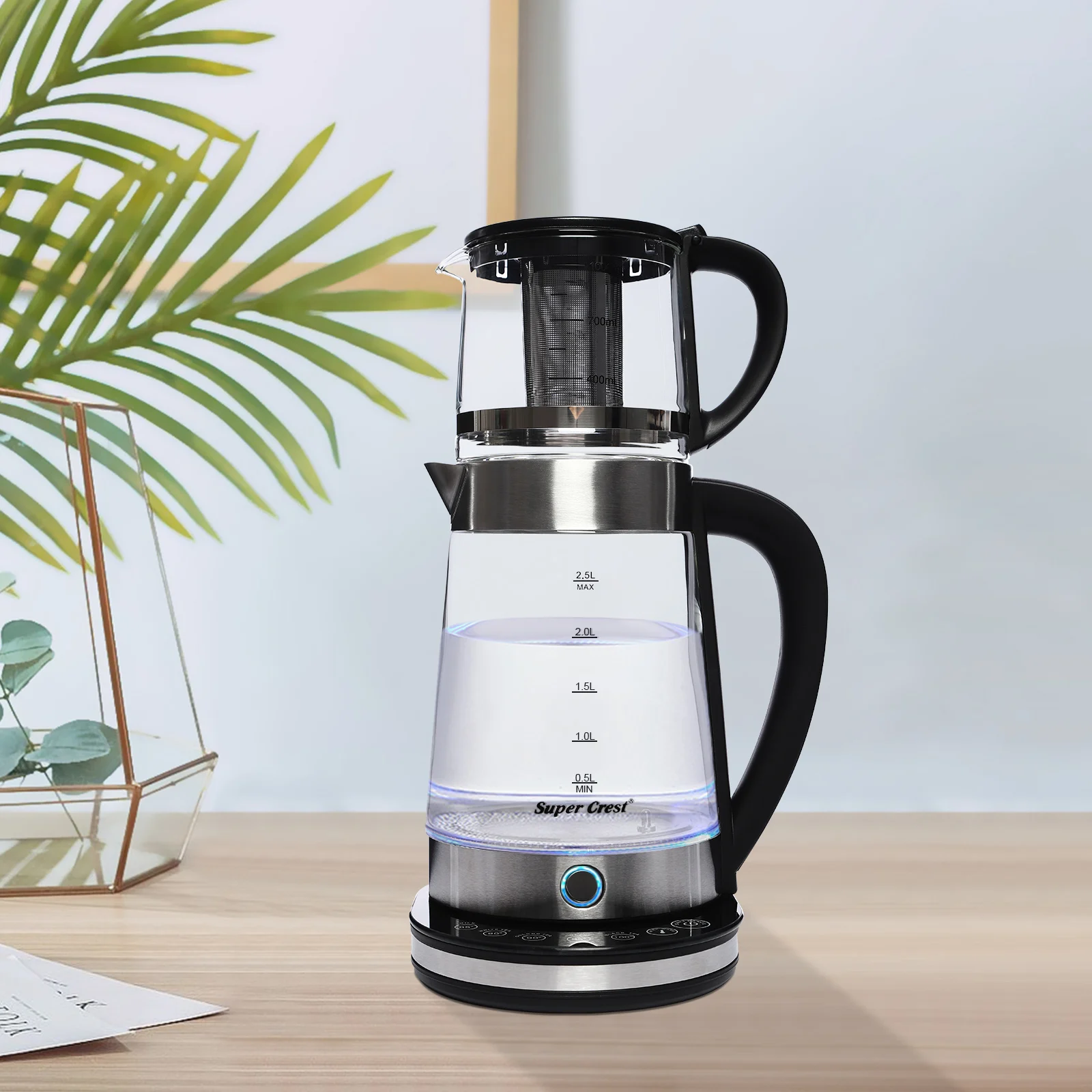 Schwarzer Wasserkocher, einstellbare Temperatur, Edelstahl-Wasserkocher mit kleinem Wasserkocher für Büro, Hotel, Wohnung Image