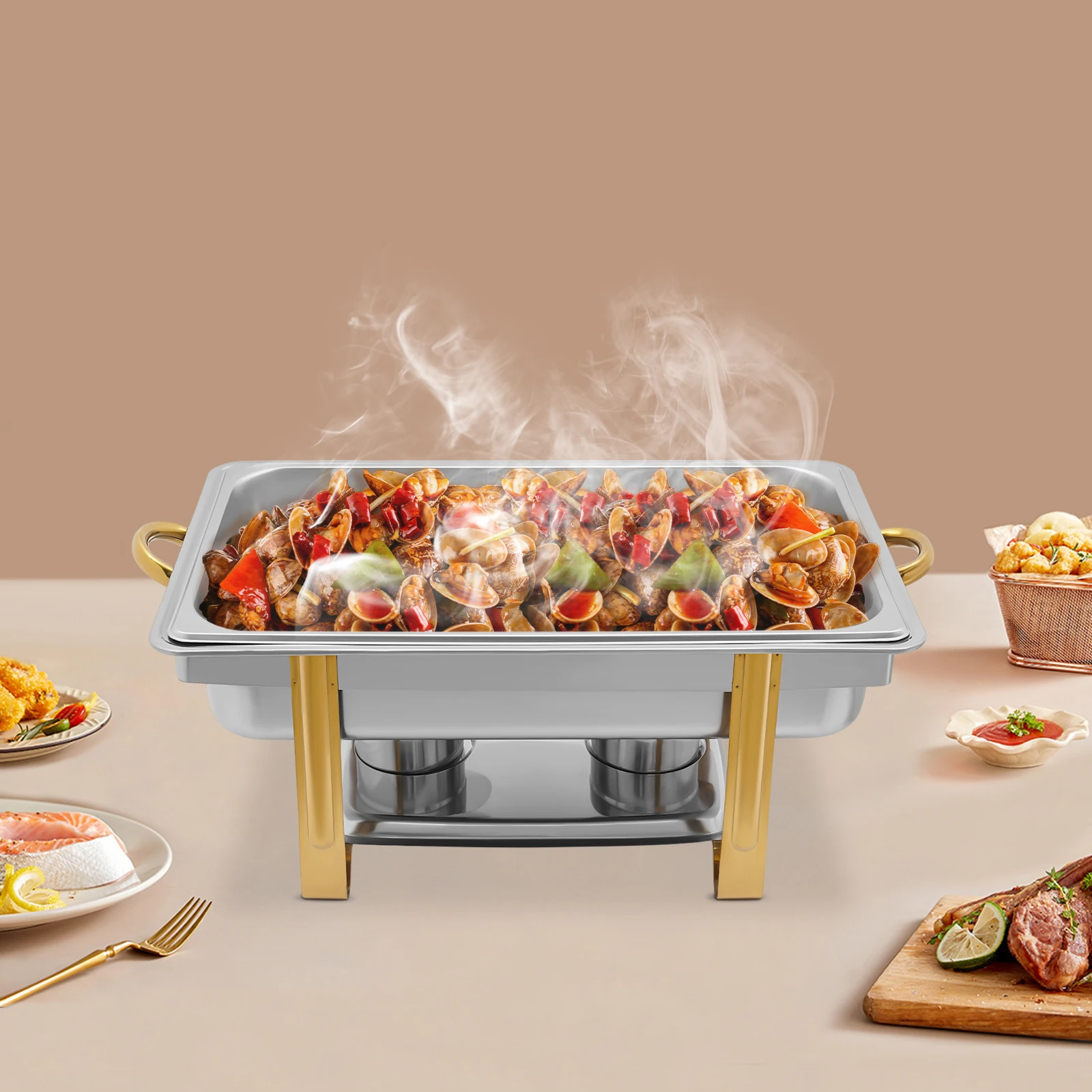 9L Edelstahl Chafing Dish Buffet-Tablett, Lebensmittelpfanne, Chafer-Speisenwärmerbehälter, + Kraftstoffhalter und Deckel, für Restaurants und Hotels Image