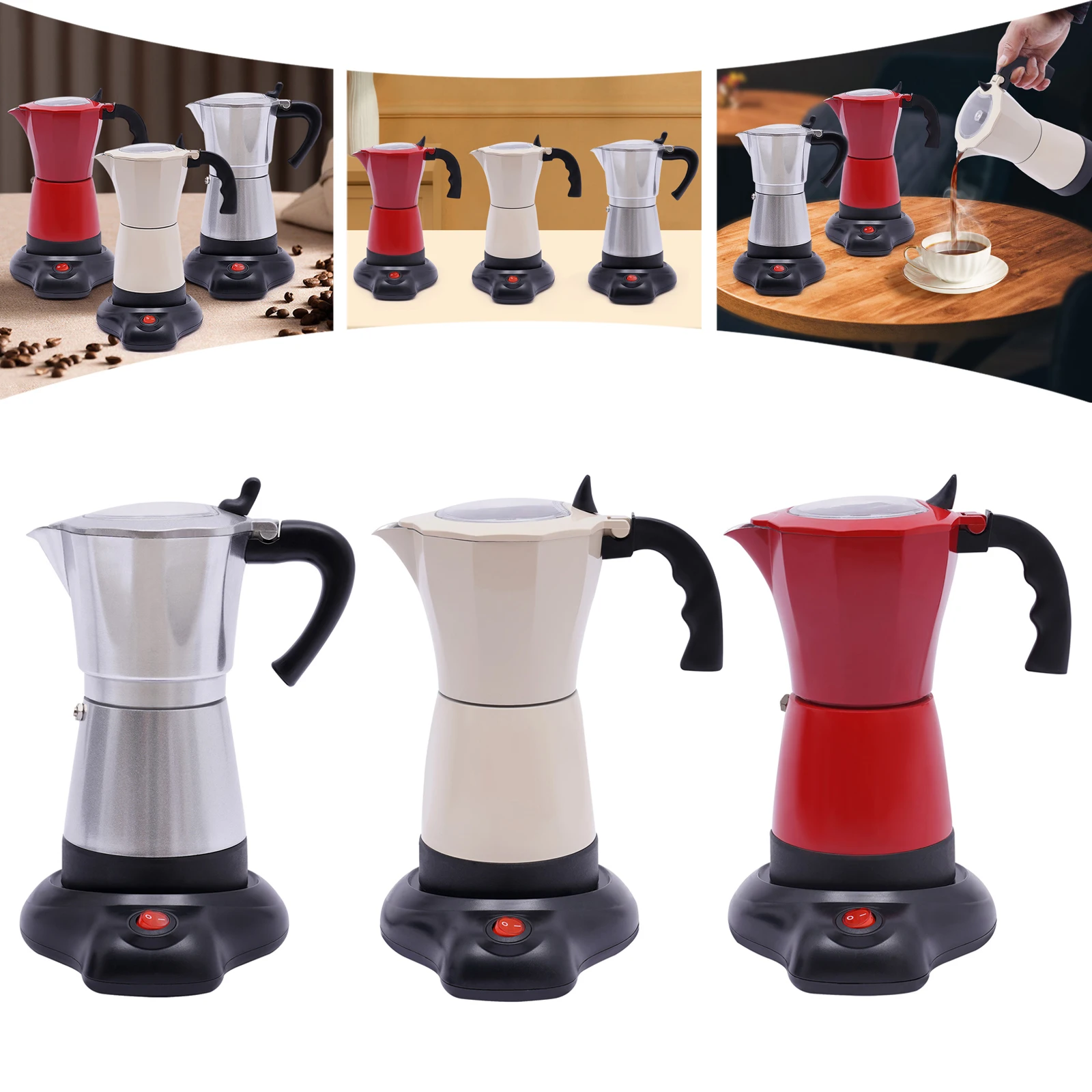 Elektrische Kaffeekanne mit Sockel, bietet Platz für 6 Tassen Kaffee, 300 ml, 480 W, Aluminiumlegierung, Silber/Rot/Cremeweiß Image